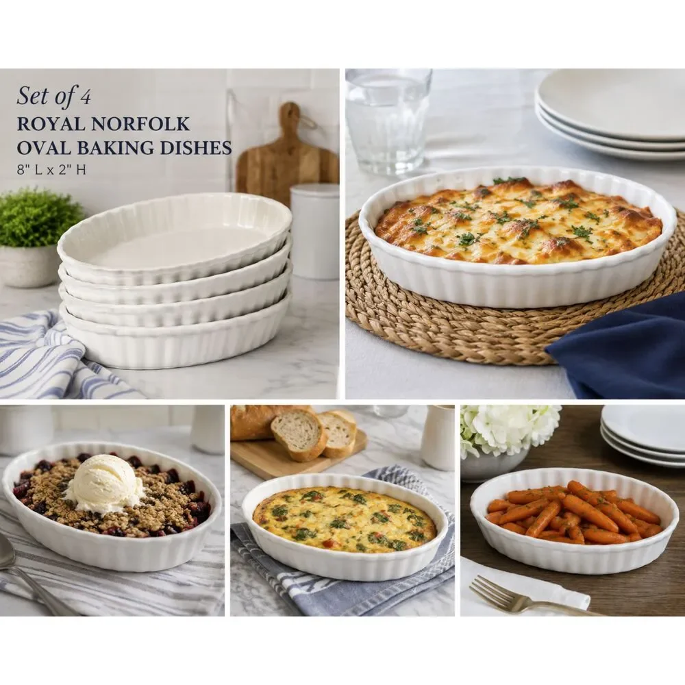 Set of 4 Royal Norfolk White Oval Baking Dishes 8x2 Fluted Stoneware